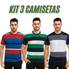 kit 3 Camiseta Masculina Básica 100% algodão gola redonda listrada verão