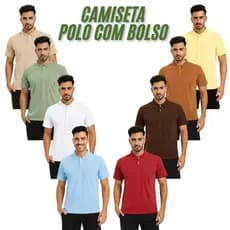 Camisa Masculina Gola Polo Com Bolso  Lisa 100%  Algodão Verão Básica