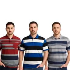 Kit 3 Camisa  Masculina  Gola Polo ( Com Bolso e Sem Bolso )  Listrada Algodão Verão Moda Casual