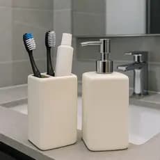 Kit Acessórios De Banheiro Lavabo 2 Peças Cerâmica Porta Escova e Porta Sabonete Líquido