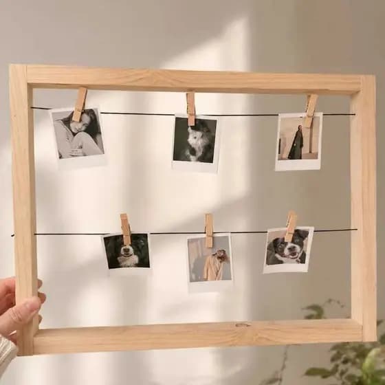 Painel de fotos polaroid  madeira decoração quadro com corda e mini prendedores 38x30cm