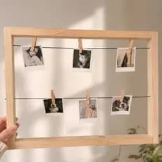 Painel de fotos polaroid  madeira decoração quadro com corda e mini prendedores 38x30cm