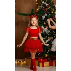 Conjunto Infantil de Natal para Meninas – Blusa Vermelha + Saia de Tule com Short Embutido + Cinto Dourado | Look Natali
