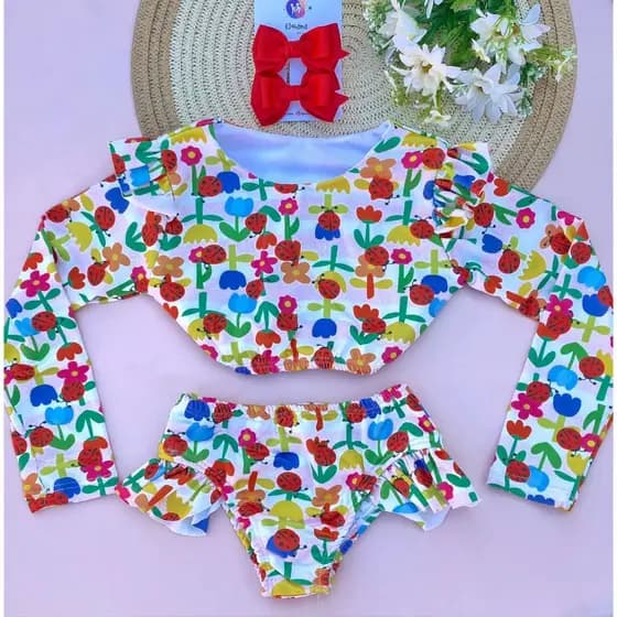 Conjunto Infantil Praia com proteção + Forrado Feminino | Roupa de Banho Menina com babado e  Estampado