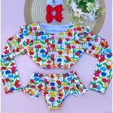 Conjunto Infantil Praia com proteção + Forrado Feminino | Roupa de Banho Menina com babado e  Estampado