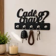 Porta Chaves Decorativo Cadê A Chave MDF Preto Com 5 Ganchos
