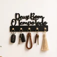 Porta Chaves de Parede Deus é Bom o Tempo Todo MDF Preto 5 Ganchos Organizador Parede