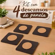 Kit 4 Descansos de Panela Cortiça em MDF Proteção para Mesa 17x17cm Apoio de Panelas