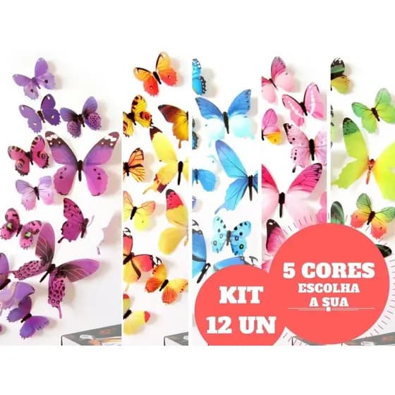 Pacote com 12 Borboletas 3d de PVC com Adesivo e Imã de Geladeira Decoração Quarto Teto Parede enfeite