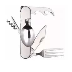 Kit Talher Canivete Suiço Multifuncional Inox Garfo Colher Faca Abridor Talheres Metal Camping Trilha Pesca