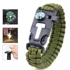 Kit 03 Pulseira Tática de Paracord Verde Bapumel sobrevivência Bússola Apito e Pederneira