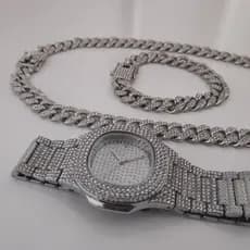 KIT Corrente + Pulseira + Relógio Ice Cravejado Zircônia