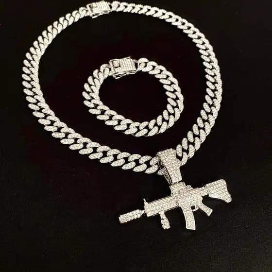 KIT Cuban AK Zircônia 
 Corrente Pulseira Cravejado + Pingente