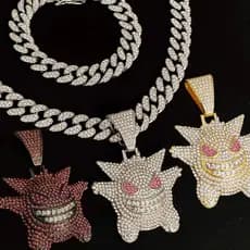 Kit Premium Corrente Pulseira e Pingente Gengar Cravejado Cuban