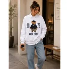 moletom feminino gola careca com estampa de urso 100% algodao modelo casual minimalista