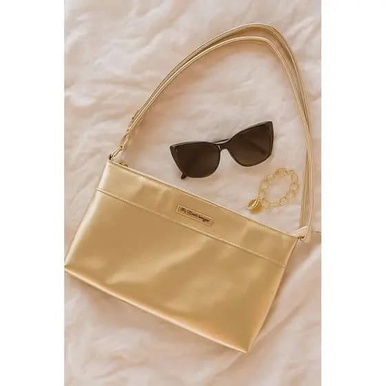 bolsa feminina transversal pequena metalizada com alça regulável fechamento de zíper