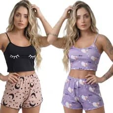 Kit2 und Baby Doll Ondinha – Pijama Feminino Cropped e Shortinho em Suede