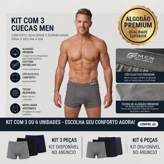 Kit Com 3 OU 6 Cuecas Boxer Masculina De Algodão Premium