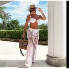 calça saída de praia tricot longa com ajuste na cintura moda praia verão