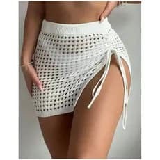 Saia saída de praia feminina tricot vazada com amarração lateral moda praia verão 2025 saia com fenda de amarrar curta