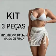 kit 3 peças saída de praia + biquíni asa delta feminino conjunto praia saia saida tricot vazada verao piscina ferias