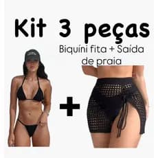 kit 3 peças saída de praia + biquíni fita feminino conjunto praia saia saída de tricot vazada piscina férias sol bronze