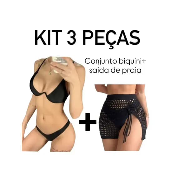kit 3 peças conjunto biquíni feminino com aro de sustentação asa delta + saída de praia tricot