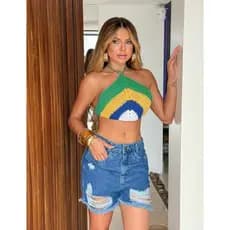 cropped top feminino bandeira do Brasil 2026 tricot com decote frente única em amarração moda