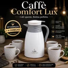 Kit Garrafa Térmica 1 Litro + 4 Canecas Caffè Comfort Lux™ – Café Quente por Horas, Design Moderno Casa Escritório