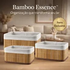 Kit 3 Cestos Organizadores Bambu Natural Multiuso Bamboo Essence™ Decorativo Premium Casa Cozinha Banheiro