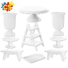 1 Boleira Cake Renda 22, 2 Mini cake, 2 Vaso Grego, 1 Escadinha, 2 Mesinha, 1 Band 20x13