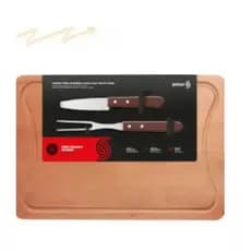 Tabua de madeira Kit c/ garfo e faca para churrasco STOLF.