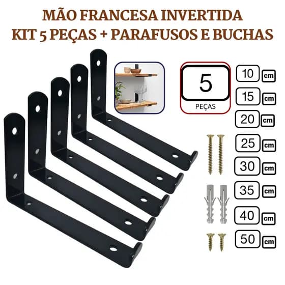 Mão Francesa Invertida 5 Peças Preta Prateleira Industrial Cantoneira Invisível Suporte Microondas com Parafusos para Instalação