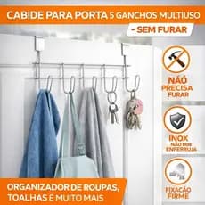 Cabide Para Porta 5 Ganchos Multiuso Organizador De Roupas Toalhas Banheiro Quarto Sem Furar Porta Resistente