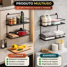 Suporte Organizador Duplo Multiuso sem Furo- Prateira Banheiro Cozinha com Gancho Adesivo Forte