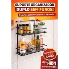 Suporte Organizador Duplo Multiuso sem Furo- Prateira Banheiro Cozinha com Gancho Adesivo Forte