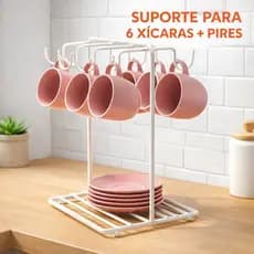 Suporte para 6 Xícaras com Pires Organizador de Café Bancada Porta Xícaras Cozinha