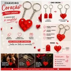 Chaveiro Casal Coração Encaixável 2 Peças Presente Namorados Amor