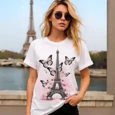 Camiseta Urban Street 33 Unissex Estampa Torre Eiffel e Borboletas Estilo Fashion