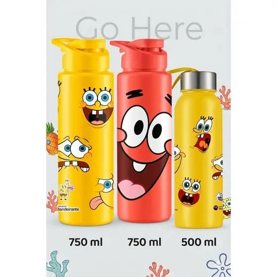 Squeeze Garrafa Agua ou Organizado Bob Esponja 750ml 500ml Infantil p Escola Viagem Treino BPA FREE