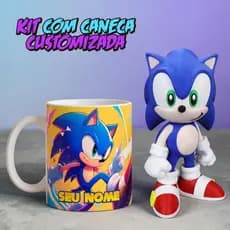 kIT Caneca Sonic Personalizada Com Nome + Boneco Sonic Colecionável Presente Gamer Geek Decoração