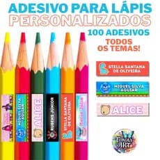 100 Etiqueta escolar para lápis / canetas / cola - Kit com 100 unidades - Qualquer tema 4x1cm