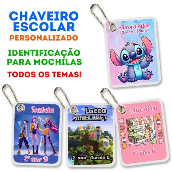 2 Chaveiros de identificação escolar personalizado - Nome/série Plastificado + cordão Todos os temas