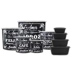 Kit 5 Peças Mantimento + Kit 4 Potes Jogo de Plástico / 9 Peças / Porta Mantimentos e Organizadores de Cozinha com Decopagem GG Preto / Melhor Custo Beneficio do Mercado