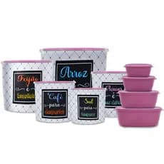 Kit 5 Peças Mantimento + Kit 4 Potes Jogo de Plástico / 9 Peças / Porta Mantimentos e Organizadores de Cozinha com Decopagem TPW2 / Melhor Custo Beneficio do Mercado