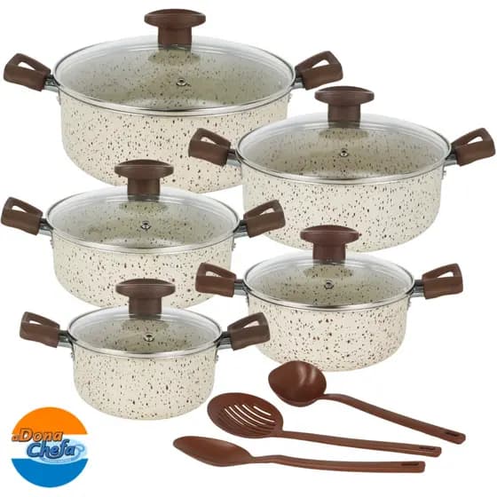 Jogo de Caçarolas Antiaderente Tampa de Vidro 05 Peças Panelas + Utensílios Cozinha Completa - Varias Cores