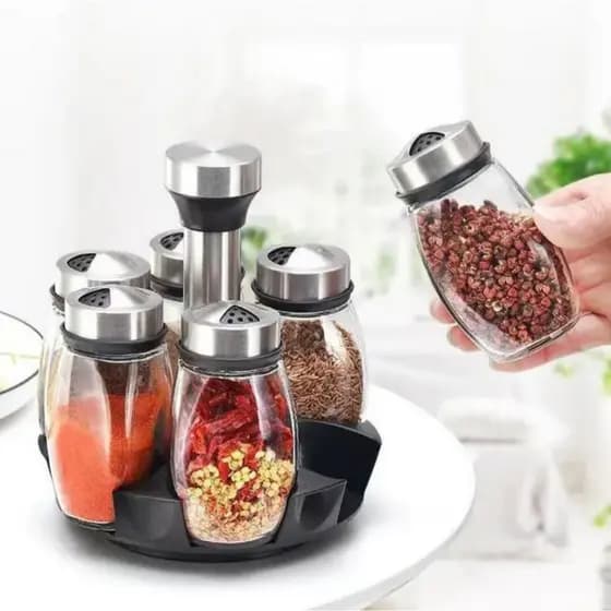 Temperos Cozinha Giratório e  Porta Condimentos - Suporte com 6 Potes em Vidro + Suporte