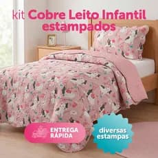 Kit Colcha Para Criança Dupla Face Cobre Leito 2,40 x 1,60m Com Porta Travesseiro Estampado Infantil