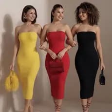 Vestido Feminino Midi Coladinho Tubinho Sem Alça Tecido Grosso Canelada Longo feminino Vestido midi