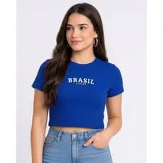 Blusa Curta Cropped Feminino Manga Curta Brasil Copa do Mundo Estilosa Anarruga